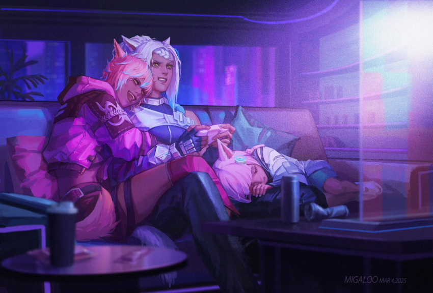 3girls, animal_ears, annoyed, artist_name, braid, cat_ears, cat_girl, cat_tail, child, clenched_teeth, closed_eyes, commentary, controller, couch, cropped_jacket, cushion, dated, english_commentary, eutrope_(ff14), film_grain, final_fantasy, final_fantasy_xiv, game_controller, head_on_another's_shoulder, head_rest, highres, holding, holding_controller, holding_game_controller, indoors, jacket, lap_pillow, lying, migaloo, miqo'te, multiple_girls, neyuni_(ff14), on_couch, on_side, open_mouth, pink_hair, pink_jacket, short_hair, siblings, sisters, smile, table, tail, teeth, window, yaana_(ff14), yellow_eyes