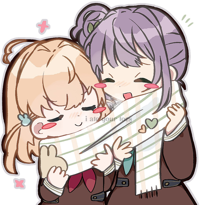 2girls, :d, ^_^, aqua_neckerchief, blush, blush_stickers, brown_dress, c:, cerise_bouquet, closed_eyes, closed_mouth, col_person, commentary, deformed, dress, grey_outline, hair_bun, hasu_no_sora_school_uniform, highres, hinoshita_kaho, link!_like!_love_live!, long_hair, long_sleeves, love_live!, multiple_girls, neckerchief, nose_blush, notice_lines, open_mouth, otomune_kozue, outline, purple_hair, red_neckerchief, sailor_dress, scarf, school_uniform, shared_clothes, shared_scarf, side_ponytail, sidelocks, single_side_bun, smile, symbol-only_commentary, u_u, v-shaped_eyebrows, virtual_youtuber, watermark, white_background, winter_uniform