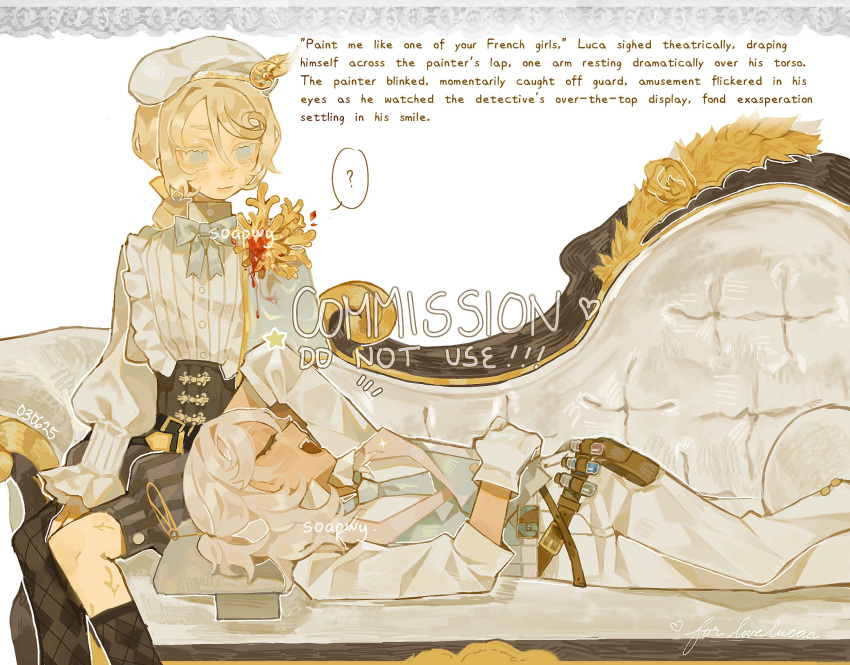 2boys, androgynous, belt, black_corset, blonde_hair, blue_bow, blue_eyes, bow, chair, closed_eyes, coat, commission, corset, couch, edgar_valden, edgar_valden_(golden_ratio), english_commentary, english_text, frilled_shirt, frilled_shirt_collar, frills, gloves, highres, identity_v, kneehighs, long_sleeves, looking_at_another, looking_back, luca_balsa, luca_balsa_(paranormal_detective), lying, multiple_boys, on_couch, otoko_no_ko, pants, ponytail, puffy_shorts, puffy_sleeves, shirt, shorts, single_drill, soapweep, socks, talking, test_tube, thigh-highs, white_coat, white_gloves, white_pants, white_shirt