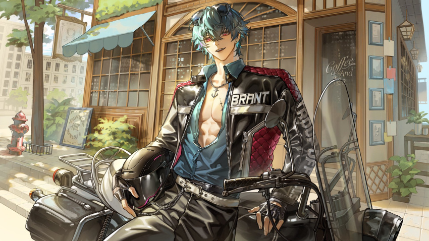 1boy, :d, alternate_costume, black_jacket, blue_hair, blue_shirt, brant_(wuthering_waves), character_name