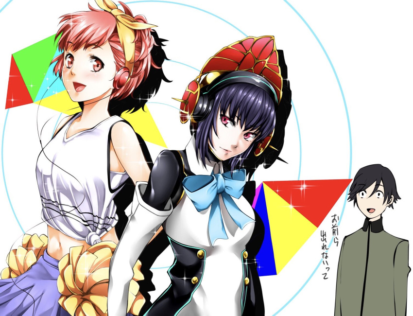 1boy, 2girls, black_hair, blue_hair, blush, brown_hair, closed_mouth, headphones