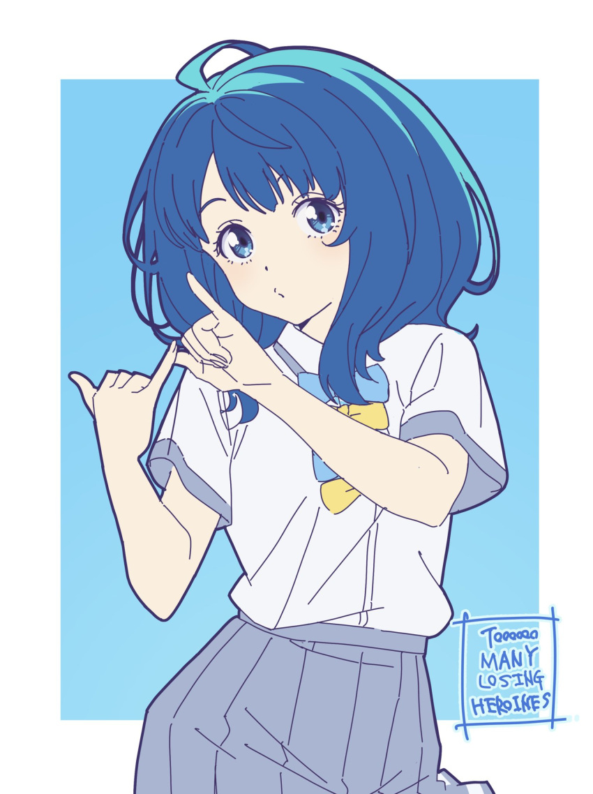 1girl, blue_bow, blue_bowtie, blue_eyes, blue_hair, border, bow, bowtie