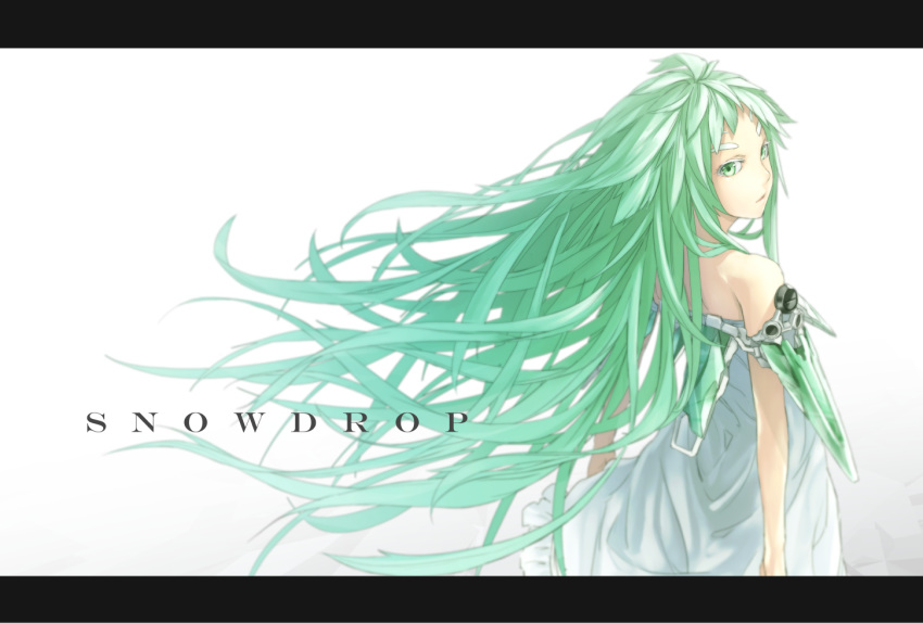 android, arms_at_sides, bare_shoulders, beatless, character_name, device, dress, floating_hair, four_eyebrows, frilled_dress, frills, gradient_background, green_eyes, green_hair, grey_background, long_hair, looking_back, mecha_musume, off-shoulder_dress, off_shoulder, simple_background, snowdrop_(beatless), standing, sugi_214, very_long_hair, white_background