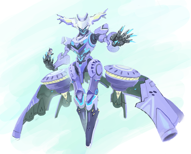 1girl, blue_eyes, claws, commentary_request, cu-later, full_body, hoshi_to_tsubasa_no_paradox, mecha, mechanical_skirt, purple_hair, reika_(hoshi_to_tsubasa_no_paradox), robot, science_fiction, thrusters, tsutamine_tomori, white_background