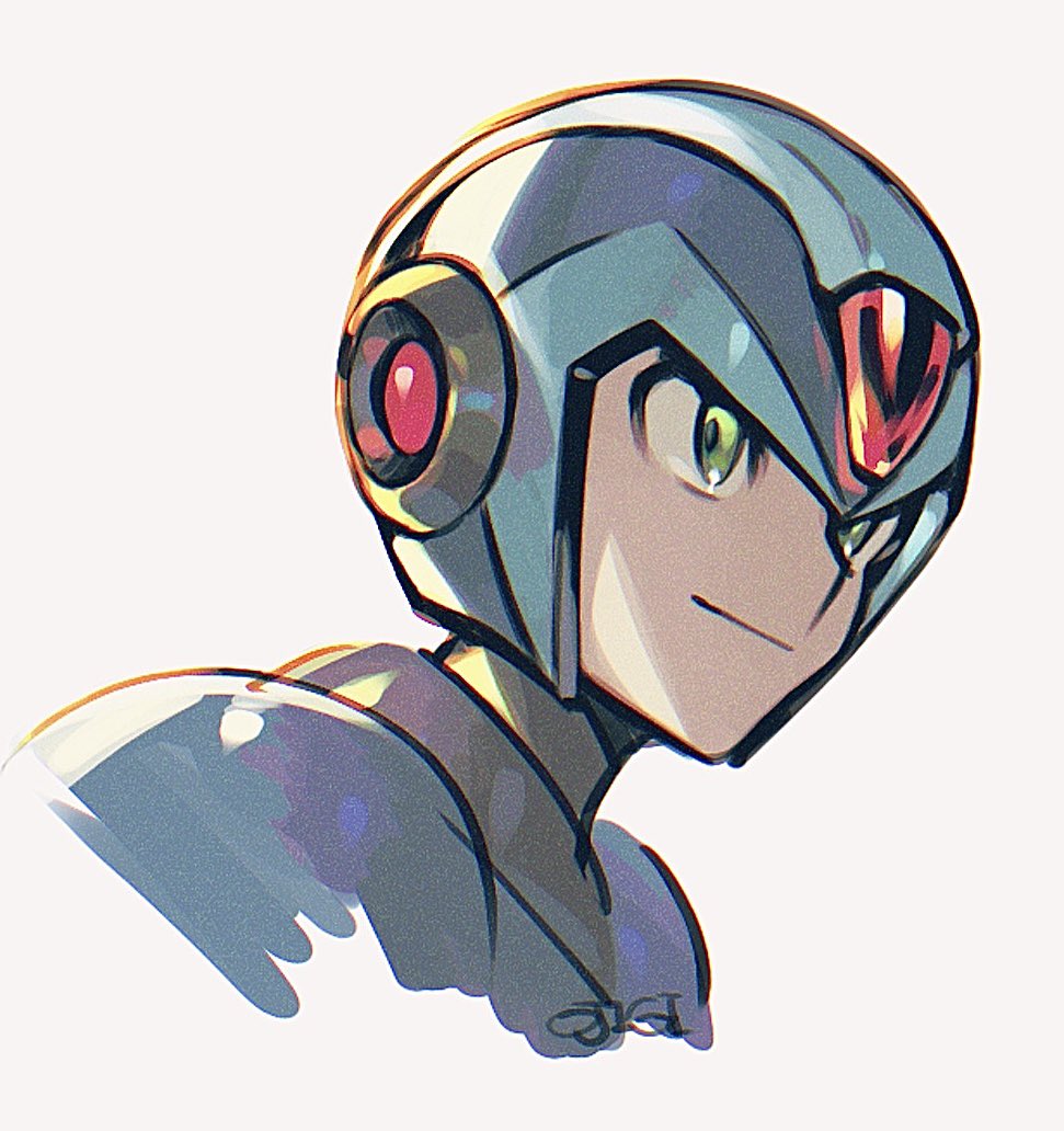 1boy, android, armor, blue_armor, blue_helmet, forehead_jewel, fumfum491, green_eyes