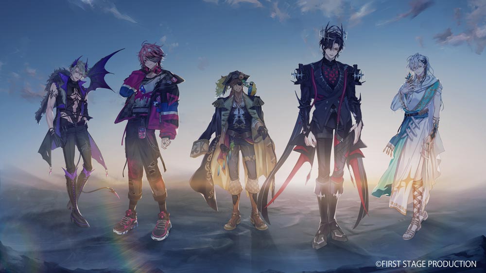 5boys, :d, animal_on_shoulder, aqua_sash, arm_at_side, armor, arms_at_sides, ascot