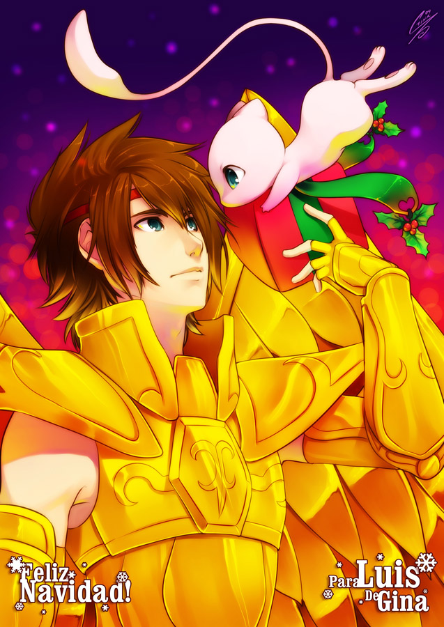 christmas, crossover, ginilla_(saiyagina), holly, mew, pokemon, sagittarius_sysiphus, saint_seiya