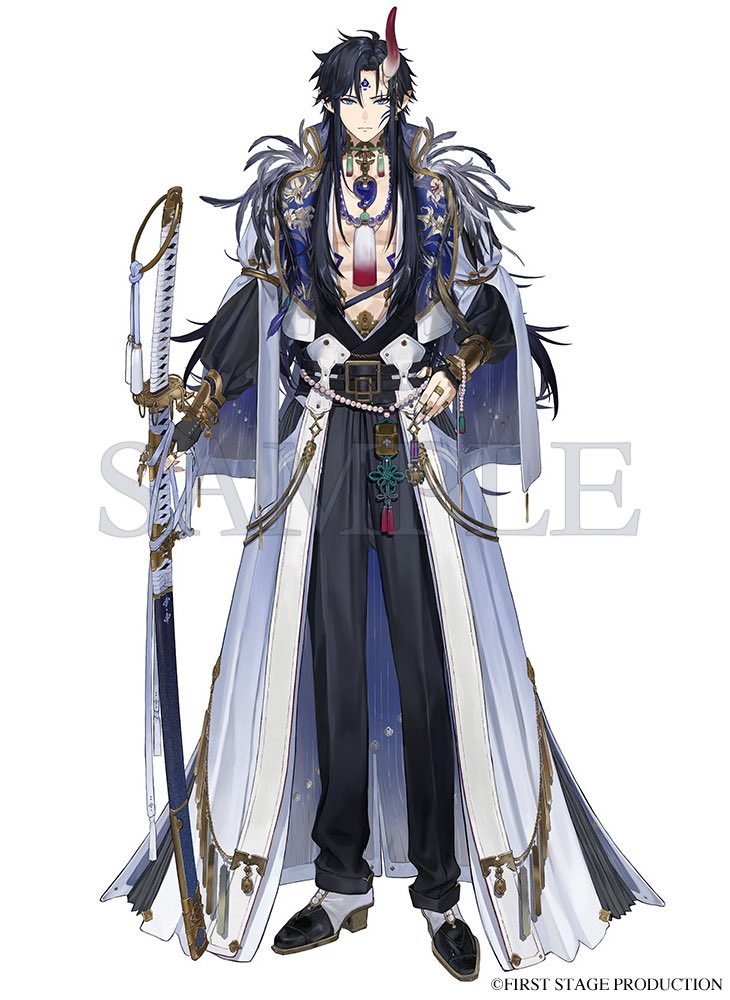 1boy, altus_zendoji, bead_belt, bead_necklace, beads, belt, belt_buckle, black_belt, black_hair, black_pants, black_shirt, black_shoes, blue_eyes, bracelet, buckle, claw_ring, closed_mouth, collared_jacket, copyright_notice, curtained_hair, dress_shoes, expressionless, facial_mark, feather_trim, fingernails, first_stage_production, floral_print, fold-over_collar, forehead_mark, full_body, gradient_horns, grey_nails, hand_on_own_hip, hataya, holding, holding_sword, holding_weapon, horns, jacket, jewelry, lapels, layered_sleeves, lily_print, long_hair, long_sleeves, looking_at_viewer, magatama, magatama_necklace, male_focus, multicolored_horns, multiple_rings, neck_tassel, necklace, official_art, oni, ootachi, open_clothes, open_jacket, pants, parted_bangs, plunging_neckline, pointy_ears, puffy_long_sleeves, puffy_sleeves, red_horns, ring, sample_watermark, sharp_fingernails, sheath, sheathed, shirt, shoes, simple_background, single_horn, solo, standing, straight-on, sword, vambraces, virtual_youtuber, waist_cape, watermark, weapon, white_background, white_jacket, white_shoes, yaopei