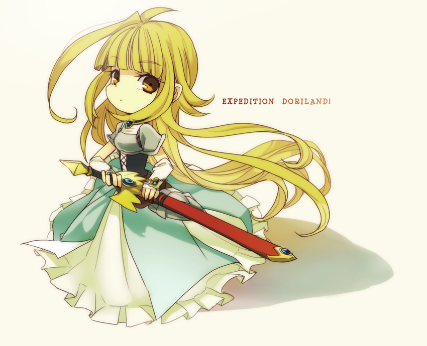 1girl, ahoge, armor, armored_dress, blonde_hair, blunt_bangs, bridal_gauntlets, brown_eyes, dress, fighting_stance, frilled_dress, frills, full_body, holding, holding_sword, holding_weapon, long_dress, long_hair, looking_at_viewer, mikoto_(tanken_driland), noritamako, ready_to_draw, simple_background, solo, sword, tanken_driland, very_long_hair, weapon