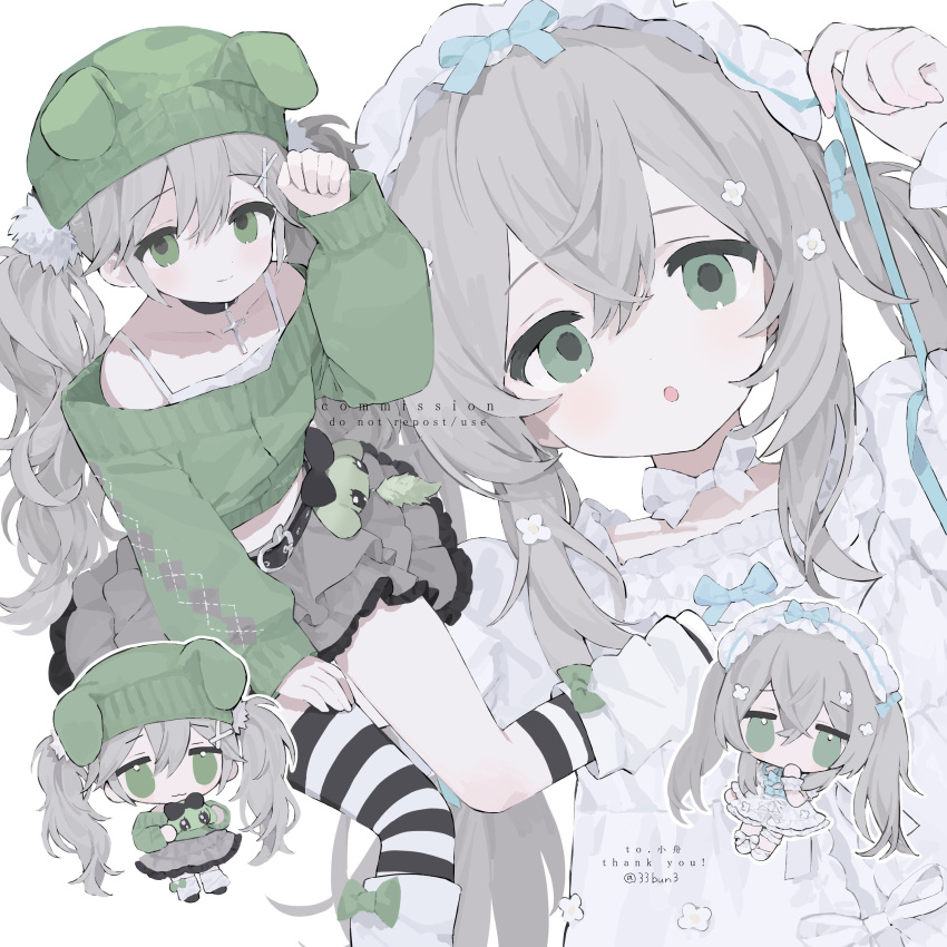 1girl, 33bun3, absurdres, black_choker, choker, commission, dress, frilled_skirt, frills, green_hair, grey_hair, hair_tie, highres, lolita_fashion, multiple_girls, original, portrait, rabbit_ear_hat, skeb_commission, skirt, twintails, white_background