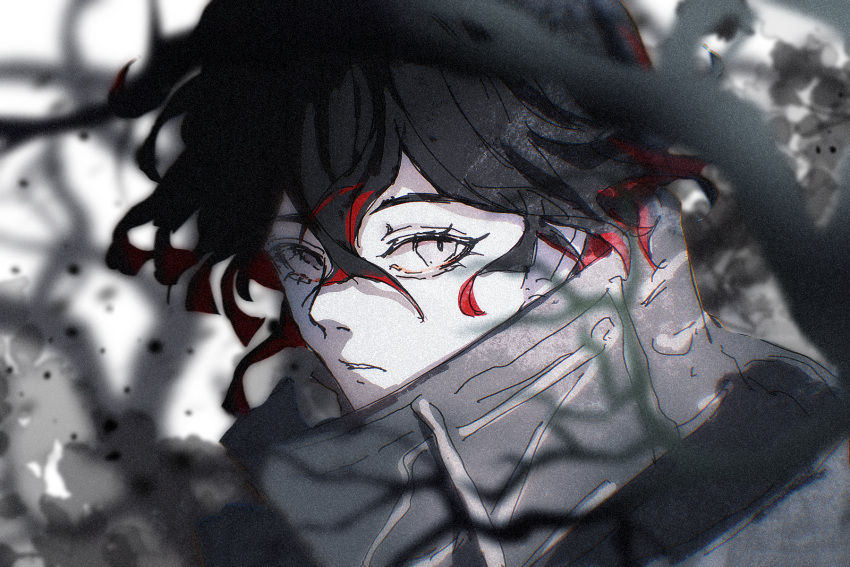 1boy, black_hair, blurry, colored_inner_hair, curly_hair, dante_alighieri_(fate), dante_alighieri_(first_ascension)_(fate), depth_of_field