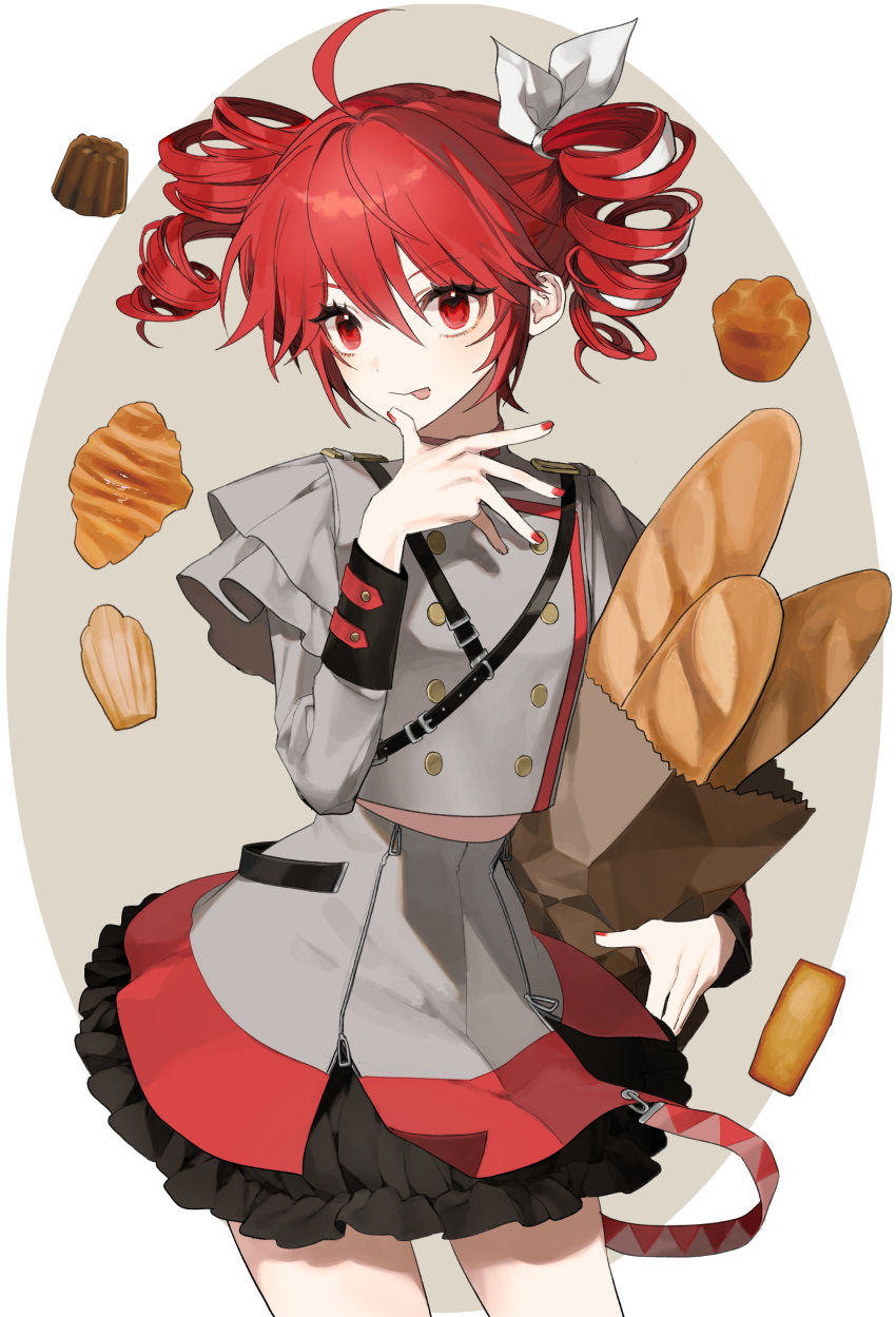 1girl, absurdres, ahoge, baguette, biscuit_(bread), bread, drill_hair, eyelashes