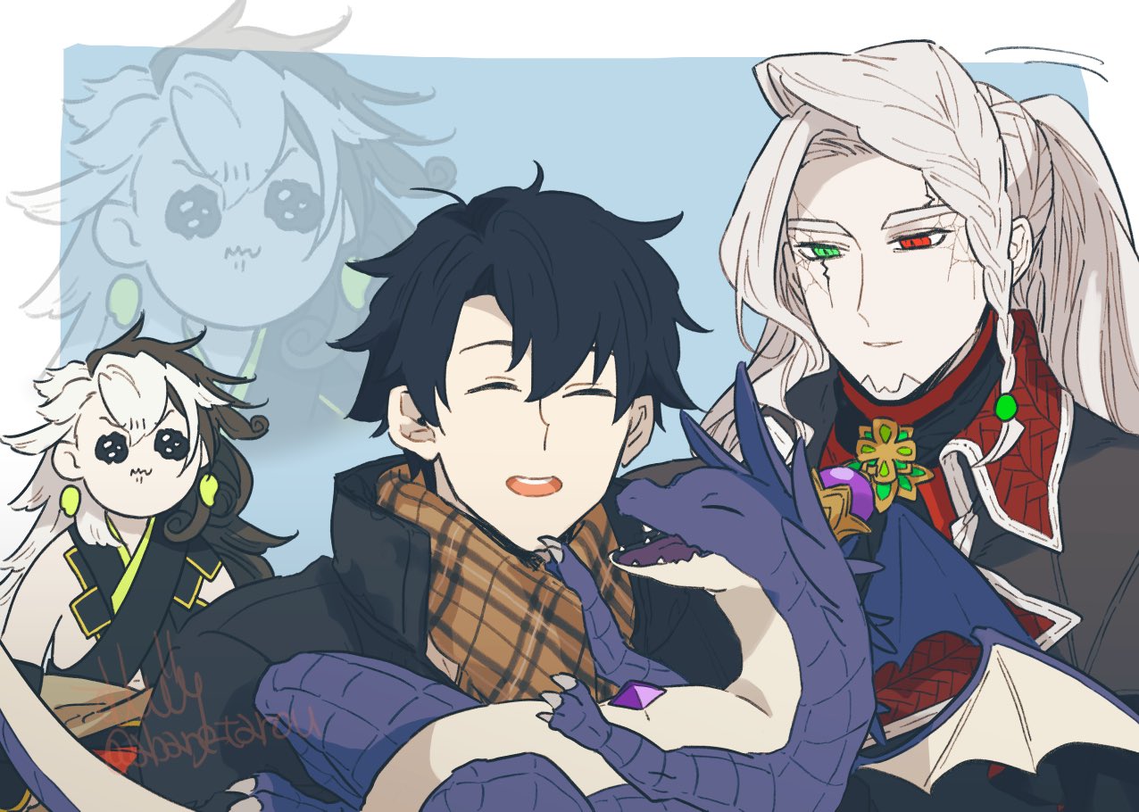 3boys, alessandro_di_cagliostro_(fate), ashiya_douman_(fate), ashiya_douman_(second_ascension)_(fate), asymmetrical_hair, black_hair, blue_background, border, braid, closed_eyes, cracked_skin, creature, deformed, dragon, earrings, facial_hair, fate/grand_order, fate_(series), fujimaru_ritsuka_(male), fujimaru_ritsuka_(male)_(winter_casual), green_eyes, hair_between_eyes, heterochromia, holding, holding_creature, jacket, jealous, jewelry, long_hair, male_focus, multicolored_hair, multiple_boys, mushitori_(pixiv261122), open_mouth, ponytail, red_eyes, scarf, simple_background, smile, split-color_hair, tearing_up, two-tone_hair, white_border, white_hair, zoom_layer