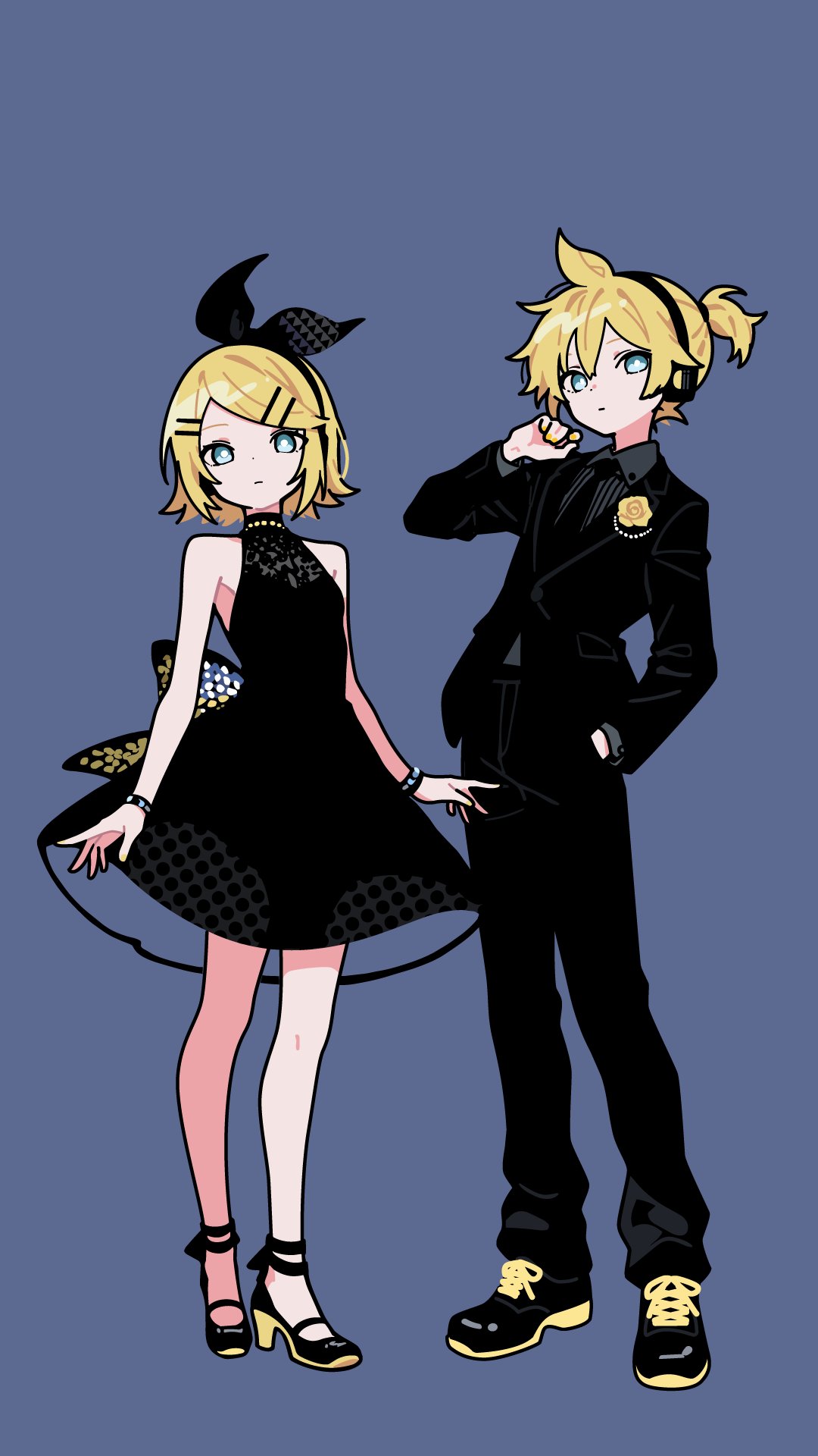 1boy, 1girl, ameniwa, back_bow, bare_shoulders, black_dress, black_hairband, black_headphones, black_pants, black_shirt, black_shoes, black_suit, blonde_hair, blue_eyes, bow, bracelet, closed_mouth, commentary, dot_nose, dress, english_commentary, fingernails, flower, full_body, hair_between_eyes, hair_ornament, hairband, hairclip, high_heels, highres, jewelry, kagamine_len, kagamine_rin, looking_at_viewer, nail_polish, pants, ponytail, purple_background, rose, shirt, shoes, short_hair, short_ponytail, simple_background, sleeveless, sleeveless_dress, suit, vocaloid, yellow_flower, yellow_nails, yellow_rose