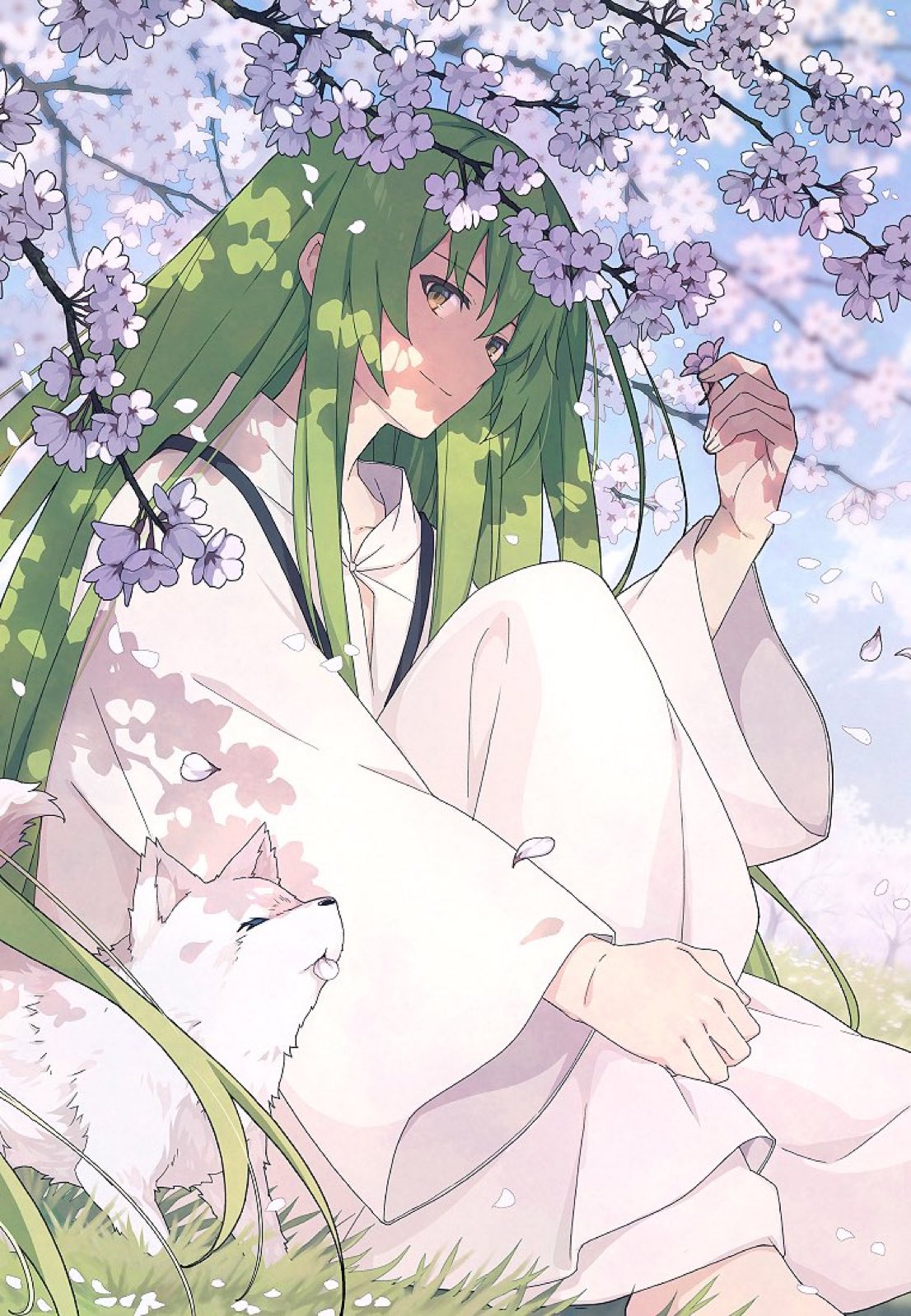 1other, androgynous, animal, blue_sky, branch, day, enkidu_(fate), falling_petals