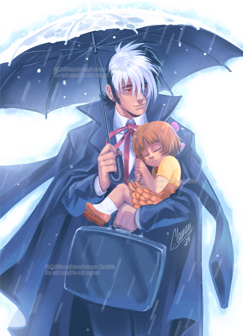 1boy, 1girl, black_coat, black_hair, black_jack_(character), black_jack_(series), black_pants, black_suit