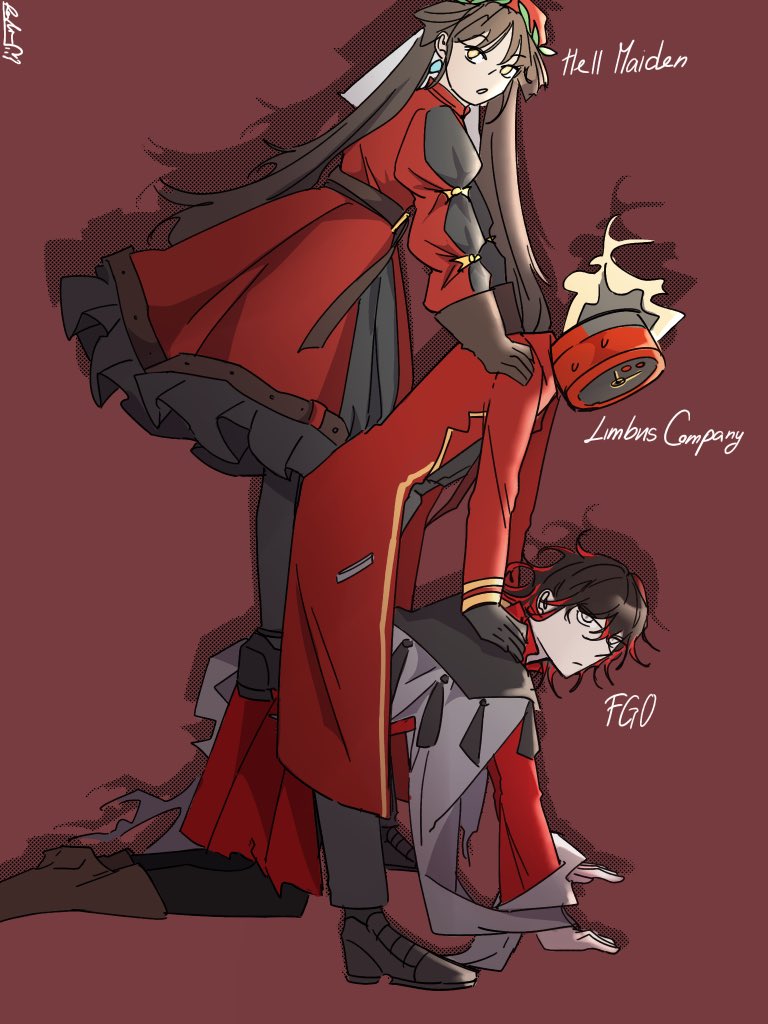 1boy, 1girl, 1other, all_fours, animal_ears, black_gloves, black_hair, black_pants, black_scarf, brown_shoes, dante_(limbus_company), dante_alighieri_(fate), dante_alighieri_(hell_maiden), dante_alighieri_(second_ascension)_(fate), dress, fate/grand_order, fate_(series), gloves, hair_rings, hell_maiden, limbus_company, long_hair, long_sleeves, looking_at_viewer, multicolored_hair, open_mouth, pants, project_moon, red_background, red_dress, red_hair, roshia_(roshi_ga), scarf, shoes, simple_background, streaked_hair, twintails, very_long_hair, yellow_eyes