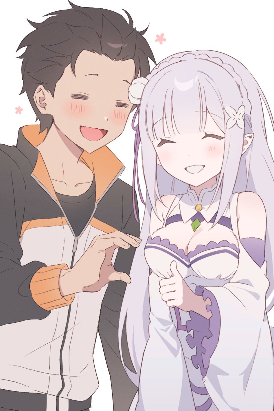 1boy, 1girl, =_=, bare_shoulders, black_hair, blush, breasts, cleavage_cutout