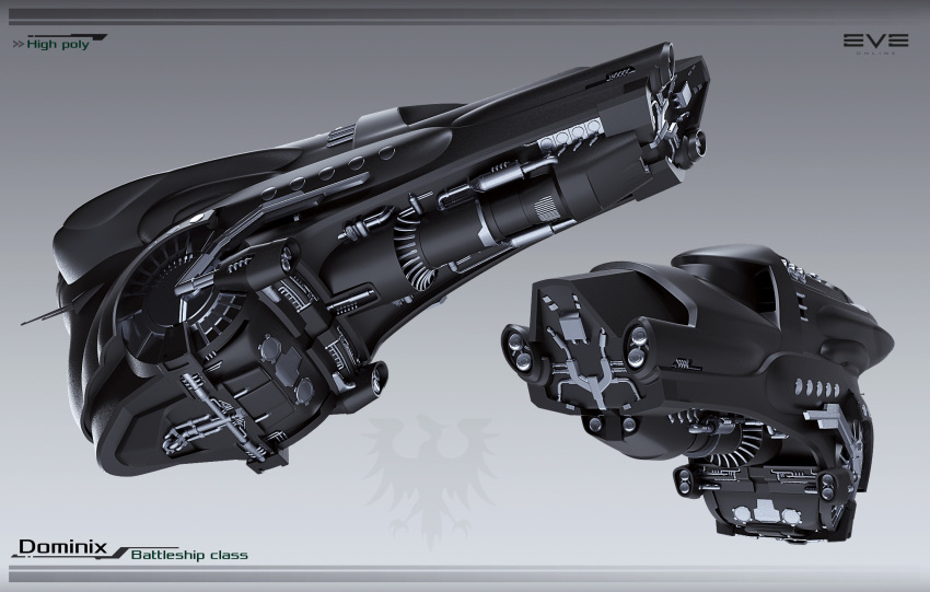 3d, battleship_(eve_online), carrier, combat_ship_(eve_online), commentary, copyright_logo, copyright_name, dated_commentary, dominix_(eve_online), droneboat_(eve_online), emblem, english_text, eve_online, federation_navy_(eve_online), from_side, gallente_federation_(eve_online), glint, grey_background, grey_theme, highres, kaspercohen_(kasper_hansen), logo, maya_(medium), military_vehicle, multiple_views, no_humans, photoshop_(medium), science_fiction, spacecraft, thrusters, vehicle_focus