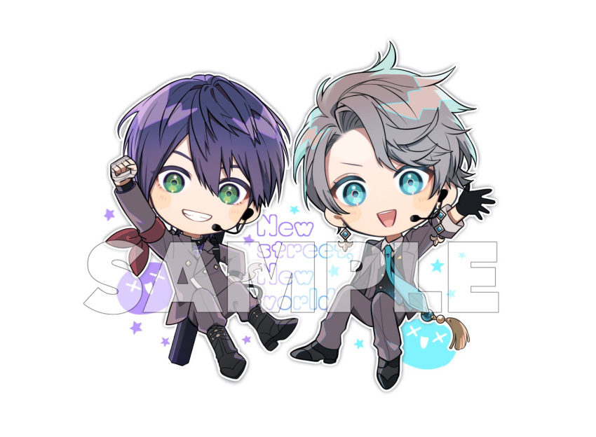 2boys, :d, aqua_necktie, aqua_vest, arm_scarf, arm_up, bandaged_hand, bandages