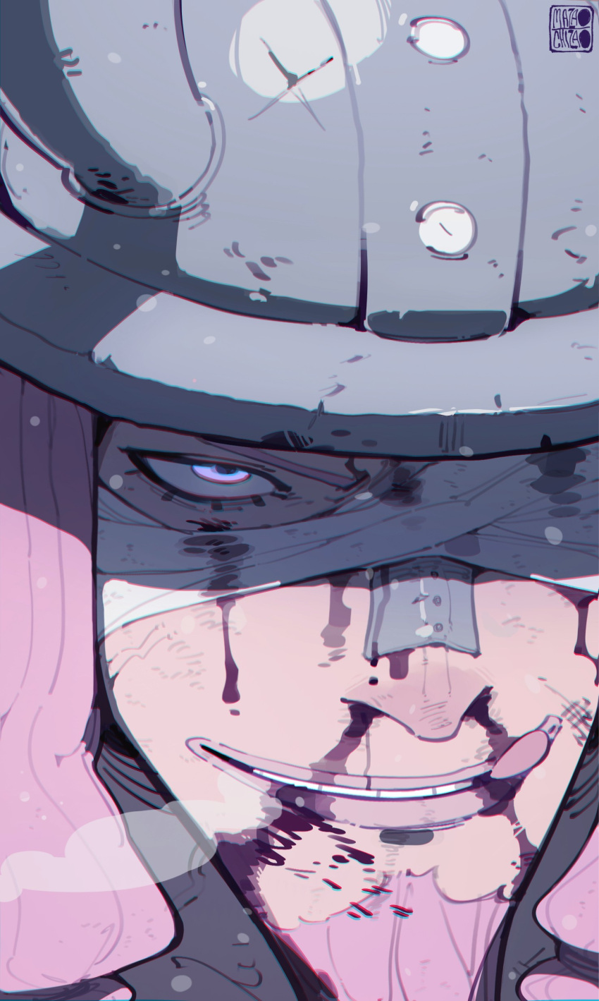 1boy, absurdres, bandage_over_one_eye, beard, blood, blood_on_face, close-up, commentary