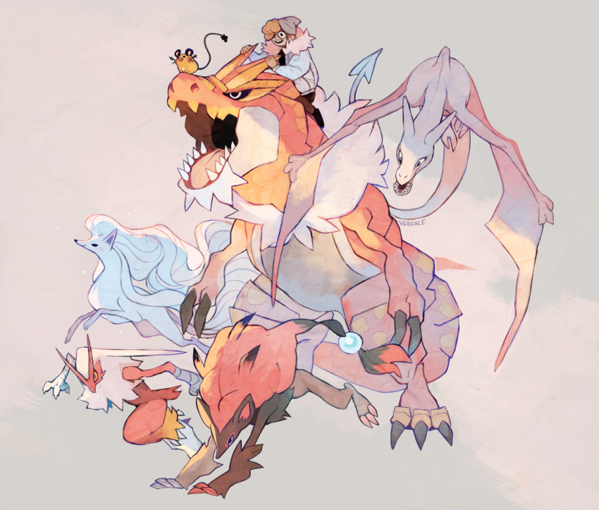 aerodactyl, all_fours, alolan_ninetales, animal_focus, artist_name, beanie, black_eyes, black_sclera