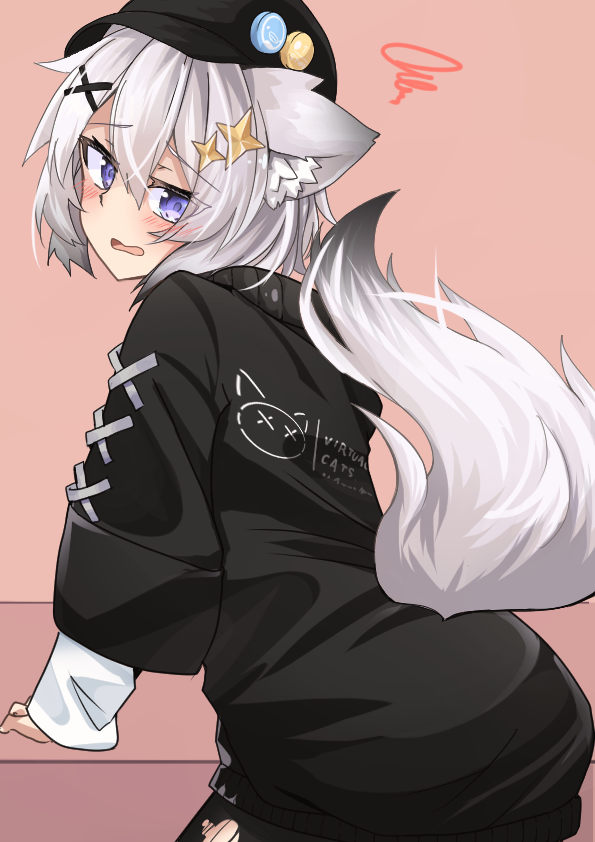 1girl, afterimage, animal_ear_fluff, animal_ears, arm_support, ash_(vrchat), ass, baseball_cap, black_hoodie, black_jacket, black_pants, black_pantyhose, black_shirt, black_sweater, blush, brown_background, cabbie_hat, clothes_writing, cowboy_shot, fox_ears, fox_girl, fox_tail, from_behind, gooey_flavor, grey_hair, hair_between_eyes, hair_ornament, hairclip, hat, hood, hoodie, jacket, layered_sleeves, leaning_forward, long_sleeves, looking_at_viewer, looking_back, open_mouth, pants, pantyhose, parted_lips, pink_background, puffy_long_sleeves, puffy_sleeves, shirt, short_hair, simple_background, sleeves_past_wrists, solo, squiggle, star_(symbol), star_hair_ornament, sweater, tail, tail_raised, tail_wagging, torn_clothes, torn_pants, torn_pantyhose, violet_eyes, vrchat, wavy_mouth, white_hair, white_shirt, x_hair_ornament