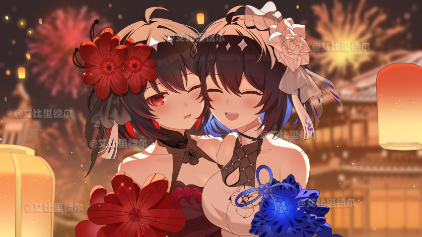 2girls, abby_riddle, aerial_fireworks, architecture, artist_name, bare_shoulders, black_hair, blue_hair