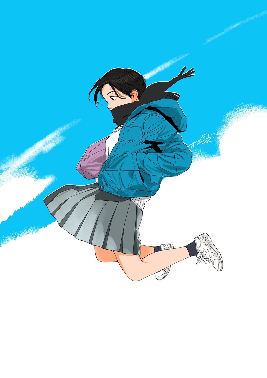 1girl, anamizu_kanami, black_eyes, black_hair, black_scarf, black_socks, cardigan, coat