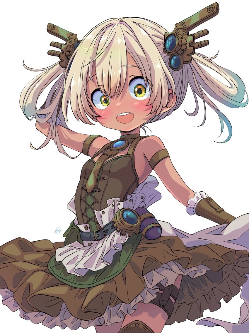 1girl, :d, absurdres, arm_behind_head, arm_strap, bare_shoulders, blonde_hair, blue_hair, breasts, brown_dress, brown_gloves, brown_necktie, commentary_request, dark-skinned_female, dark_skin, dress, frilled_gloves, frills, gloves, gradient_hair, green_eyes, hair_between_eyes, hair_rings, headgear, highres, irumyuui, looking_at_viewer, made_in_abyss, multicolored_hair, necktie, open_mouth, sekaineko_001, sleeveless, sleeveless_dress, small_breasts, smile, solo, teeth, thigh_strap, twintails, two-tone_eyes, two-tone_hair, upper_teeth_only, white_background, yellow_eyes
