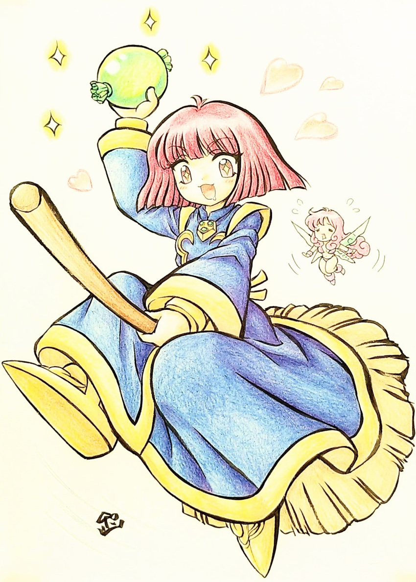 2girls, blue_robe, blush, bob_cut, bracelet, broom, broom_riding, candy, chibi, cotton_(character), cotton_(game), fairy, fairy_wings, food, heart, highres, holding, holding_broom, holding_food, jewelry, looking_at_viewer, multiple_girls, poporoyama, red_eyes, red_hair, robe, saliva, short_hair, signature, silk_(cotton), sparkle, sparkling_eyes, traditional_media, wings, witch