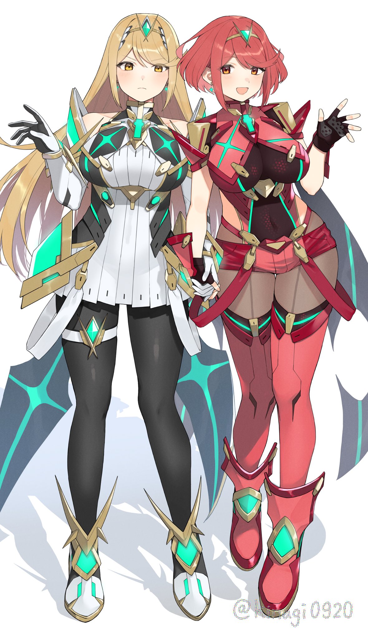 2girls, arm_guards, armor, bare_shoulders, black_pantyhose, blonde_hair, blush, bob_cut