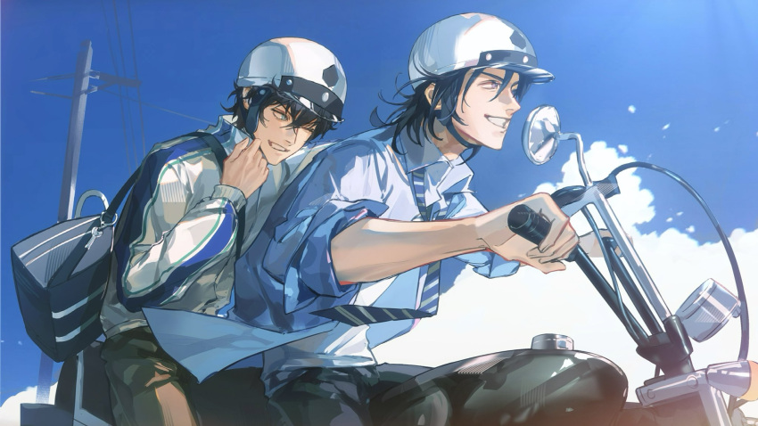 2boys, bag, black_hair, black_pants, blue_sky, bolin_jiazi_gu, commentary, hagiwara_kenji