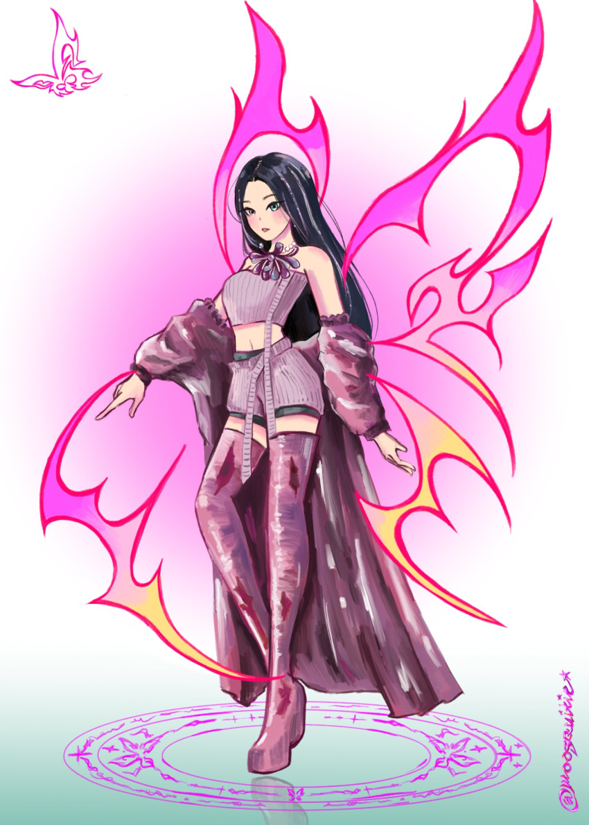 1girl, aespa, black_hair, blue_eyes, boots, commentary, full_body, hashtag-only_commentary