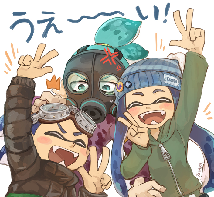 1girl, 2boys, anger_vein, arm_up, aviator_goggles, beanie, black_jacket, blue_eyes