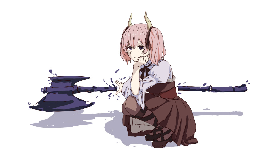 1girl, absurdres, axe, brown_shoes, brown_skirt, hand_up, highres, horns, linie_(sousou_no_frieren), looking_at_viewer, medium_hair, mosu918, pink_hair, shadow, shoes, simple_background, sketch, skirt, sousou_no_frieren, squatting, white_background