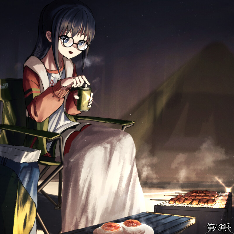 1girl, black_hair, blurry, blurry_background, can, chair, cooking, dairoku_ryouhei