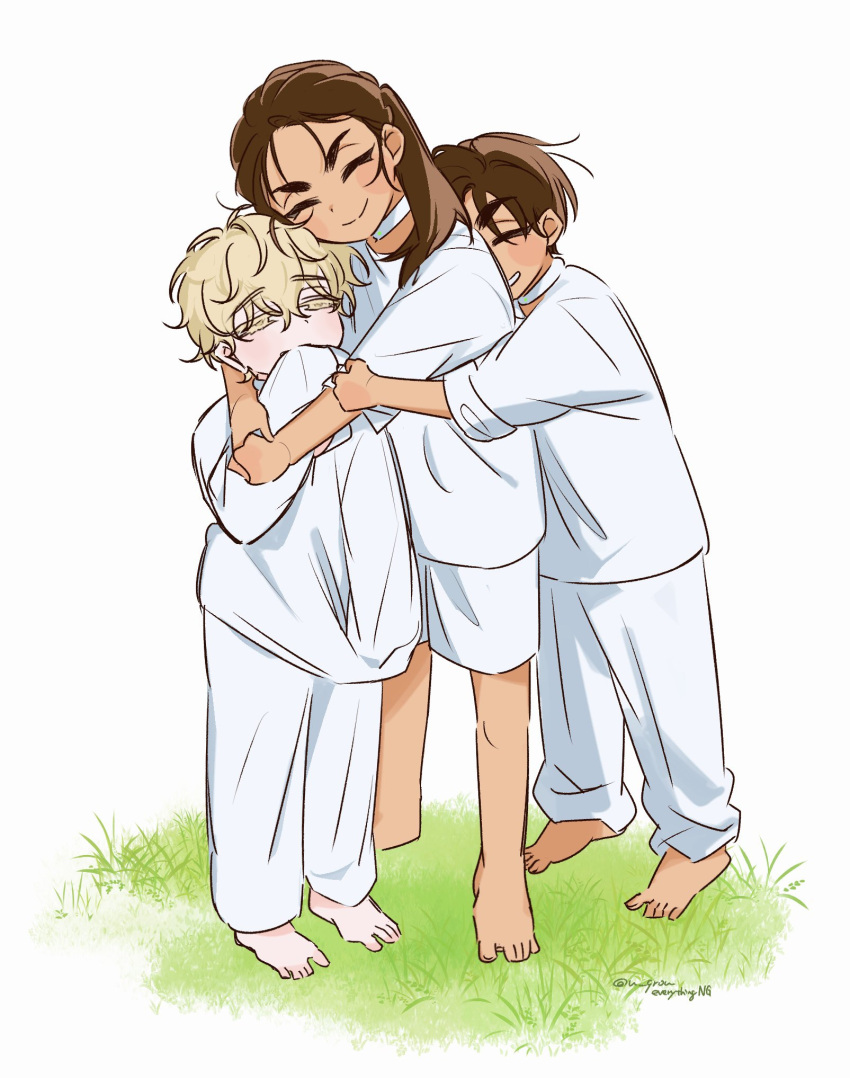 1girl, 2boys, aged_down, alien_stage, barefoot, blonde_hair, brown_hair, child, closed_eyes, colored_eyelashes, dark-skinned_female, dark-skinned_male, dark_skin, full_body, grass, highres, hug, hyuna_(alien_stage), hyunwoo_(alien_stage), long_hair, luka_(alien_stage), multiple_boys, pants, ponytail, shirt, short_hair, signature, sleeves_past_fingers, sleeves_past_wrists, three-quarter_sleeves, u_qrou, very_short_hair, white_pants, white_shirt, yellow_eyes