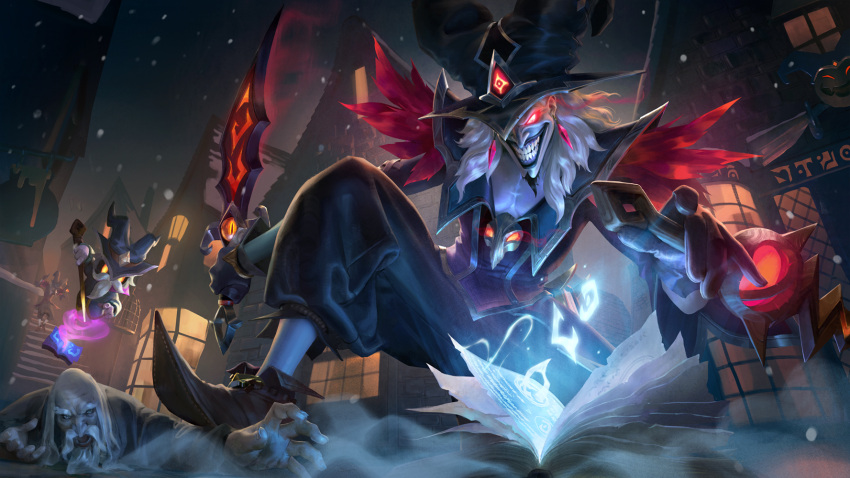 2boys, arcanist_shaco, bare_pectorals, beard, black_gloves, brown_shoes, commentary, creature