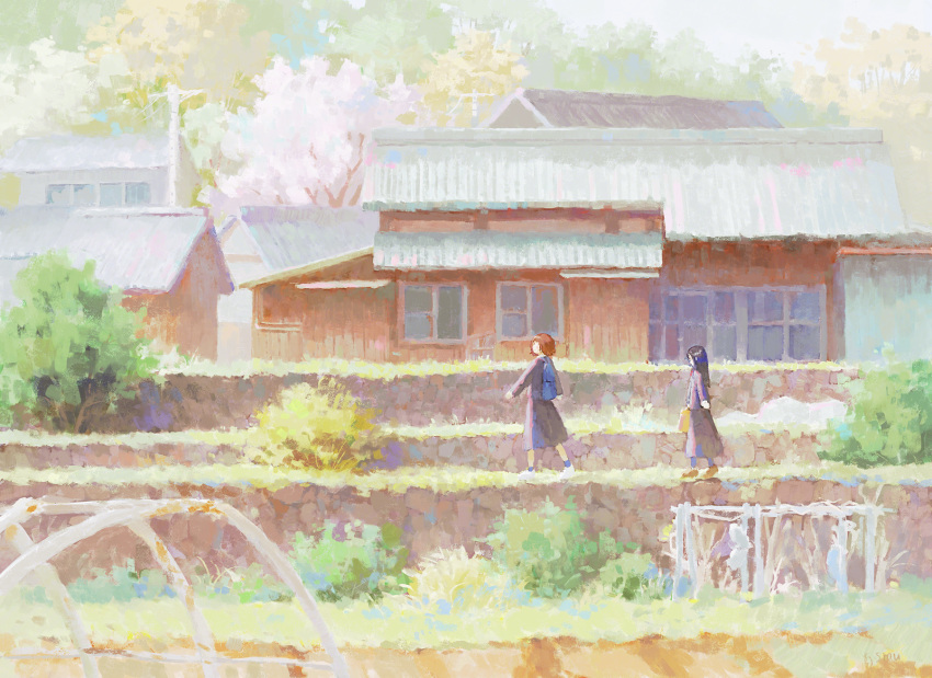 2girls, backpack, bag, bank, black_jacket, black_skirt, blue_bag, blue_socks