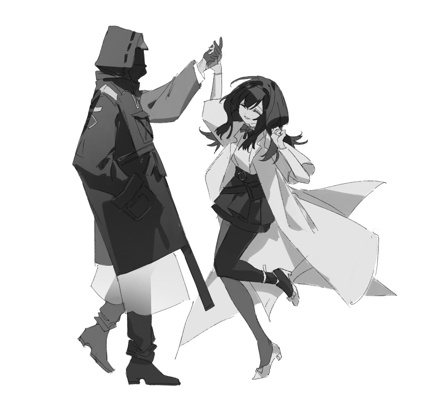 1girl, 1other, absurdres, arknights, baicha735, coat, dancing, from_side