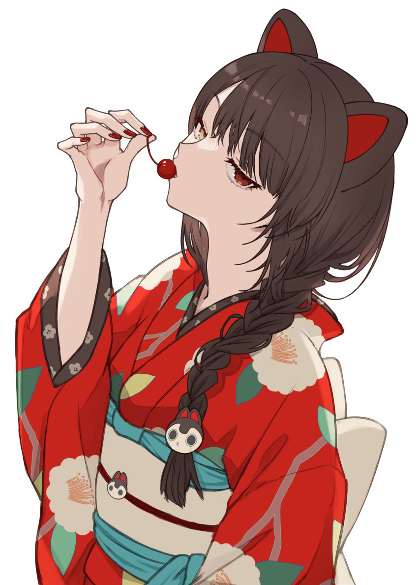 1girl, animal_ears, braid, brown_hair, dog_ears, dog_girl, eating, half-closed_eyes