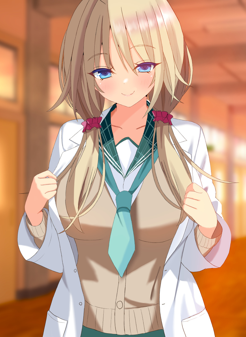1girl, 2025, absurdres, blonde_hair, blue_eyes, blurry, blurry_background, blush