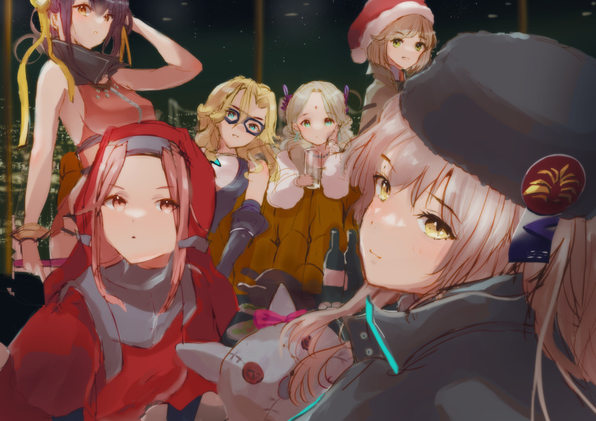 6+girls, absurdres, bindi, black_hair, blonde_hair, blue_eyes, breasts, brown_capelet