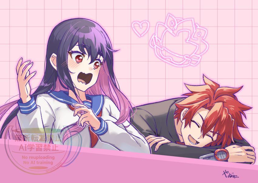 1boy, 1girl, asagaki_toogo, black_hair, black_jacket, blush, head_on_table, highres