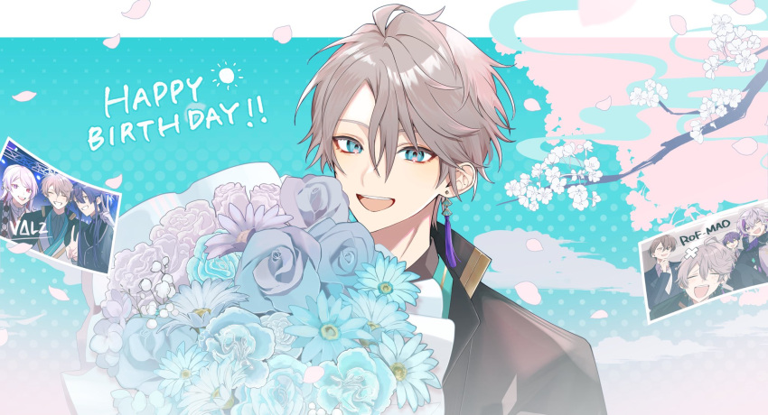 1boy, :d, ahoge, baby's-breath, black_haori, blue_eyes, blue_flower, blue_rose