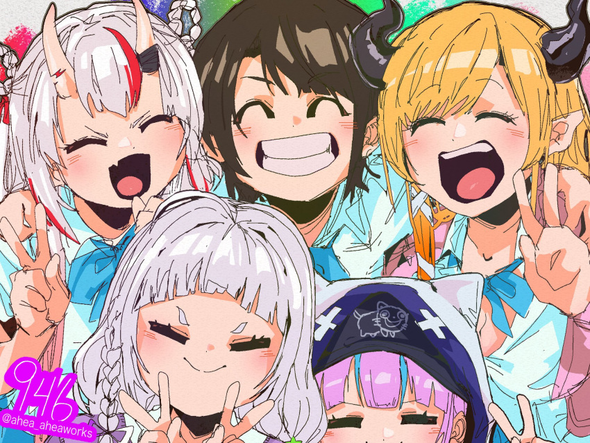 2nd_generation_(hololive), 5girls, =_=, ahea_aheaworks, alternate_costume, blonde_hair, blue_hair, brown_hair, closed_eyes, closed_mouth, collared_shirt, commentary_request, demon_girl, demon_horns, fang, grey_hair, highres, hololive, horns, looking_at_viewer, minato_aqua, minato_aqua_(sailor), multicolored_hair, multiple_girls, murasaki_shion, nakiri_ayame, official_alternate_costume, oni, oozora_subaru, open_mouth, pink_hair, pointy_ears, red_hair, shirt, short_eyebrows, skin-covered_horns, skin_fang, smile, streaked_hair, v, virtual_youtuber, white_shirt, yuzuki_choco