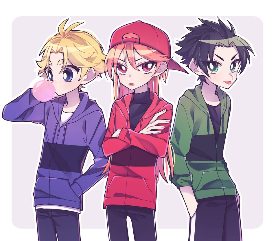 3boys, antenna_hair, backwards_hat, baseball_cap, black_hair, black_pants, black_shirt, blonde_hair