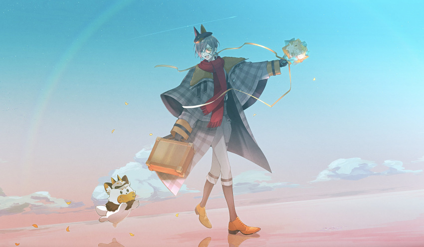 1boy, :d, absurdres, animal-themed_eyewear, animal_hat, arm_up, beach, beret