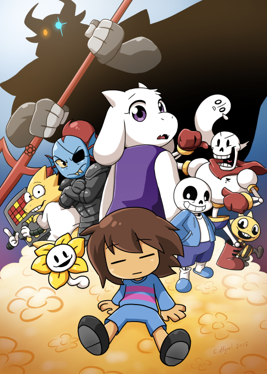 1other, 2015, 2d, 3girls, 5boys, alphys, ambiguous_gender, anthro, armor, asgore_dreemurr, beard, black_eyepatch, black_shorts, blonde_hair, blue_jacket, blue_shirt, blue_shorts, blue_skin, blue_slippers, brothers, brown_hair, buck_teeth, cape, coffgirl, colored_sclera, digital_media, ear_fins, eyepatch, facial_hair, female, fins, fish, fish_girl, floppy_ears, flower, flowey_(undertale), frisk_(undertale), furry, furry_female, furry_male, ghost, gloves, glowing, glowing_eyes, goat, goat_boy, goat_ears, goat_girl, goat_horns, gradient_background, head_fins, high_ponytail, holding, holding_polearm, holding_weapon, hood, hood_down, hooded_jacket, horns, human, humanoid, jacket, lizard, lizard_girl, long_hair, male, mammal, mettaton, mettaton_(box), monster, monster_boy, monster_girl, monster_kid_(undertale), multicolored_background, multiple_boys, multiple_girls, non-humanoid_robot, open_jacket, papyrus_(undertale), pink_stripes, polearm, ponytail, red_cape, red_gloves, red_hair, reptile, reptile_girl, robot, sans_(undertale), scalie, sharp_teeth, shirt, short_hair, shorts, siblings, silhouette, sitting, skeleton, slippers, slit_pupils, striped_clothes, striped_shirt, striped_shorts, teeth, toriel, trident, undead, undertale, undyne, utdr_(toby_fox), weapon, white_fur, white_horns, white_shirt, white_stripes, yellow_sclera, yellow_teeth